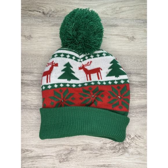 Christmas LED Light Up Beanie Winter Cap Ornament Black Colorful Pom Pom WORKING - Picture 1 of 3